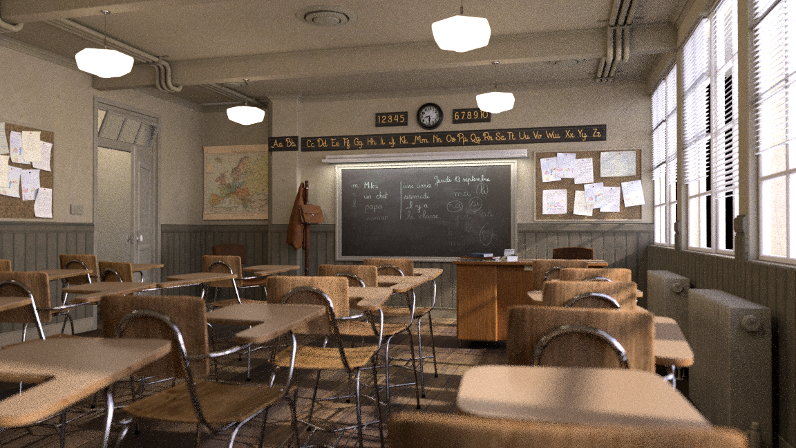 Blender Open Data, classroom scene, GPU render