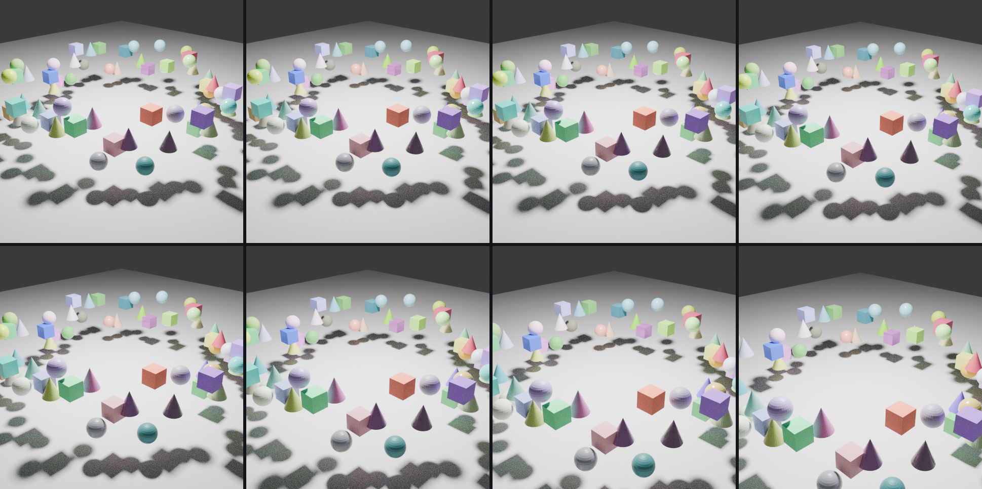 8 rendered frames, camera orbiting a ring of 60 coloured solids, 4x2 contact sheet